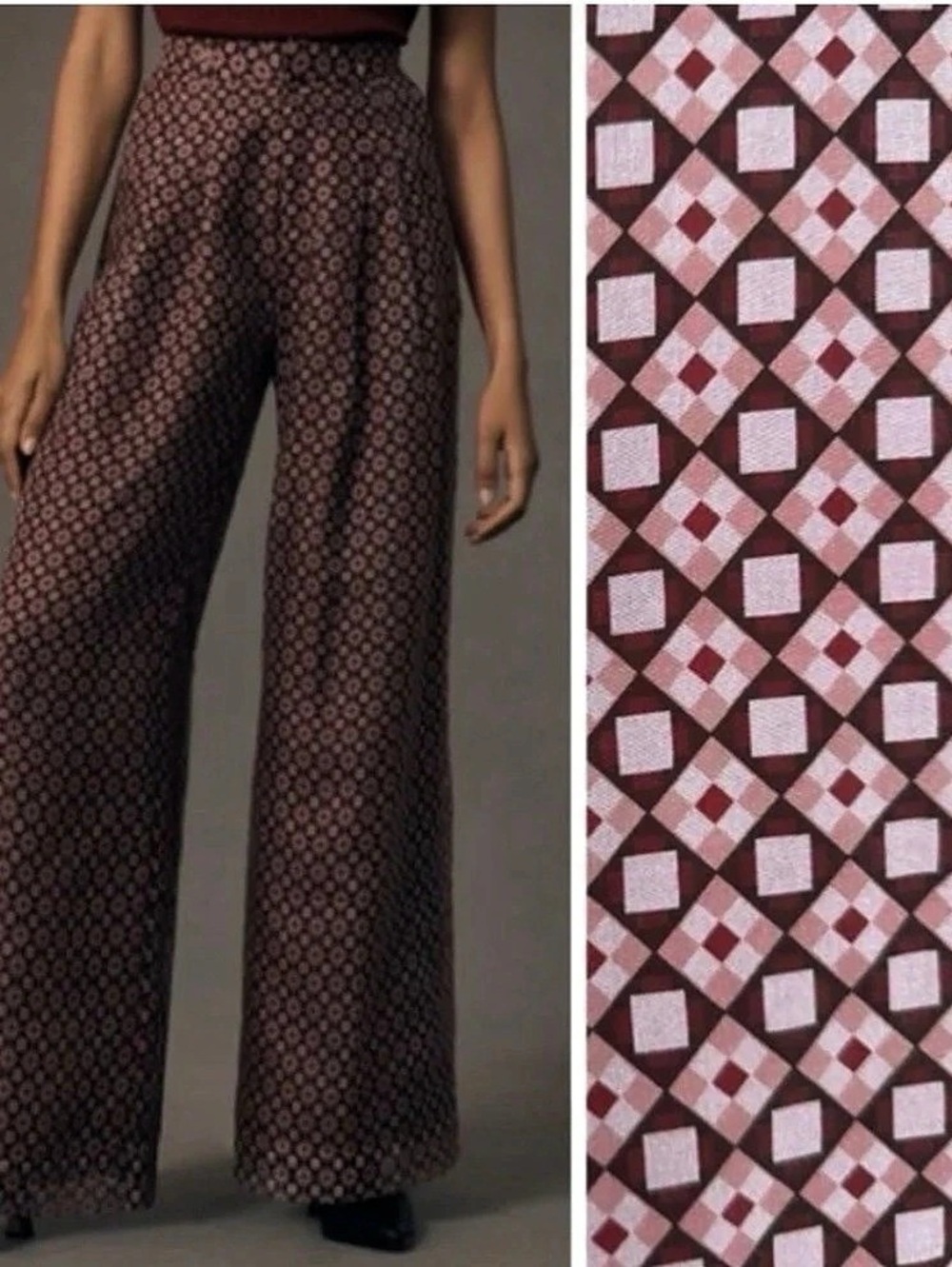 NWOT, Maeve by Anthropologie Wide Leg Geometric Pants in Burgundy & Pink Size 14 - Picture 4 of 5